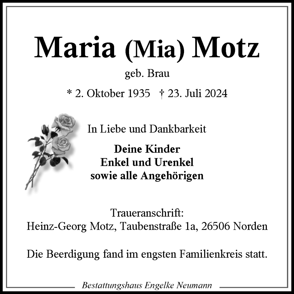  Traueranzeige für Maria Motz vom 17.08.2024 aus Ostfriesischer Kurier GmbH