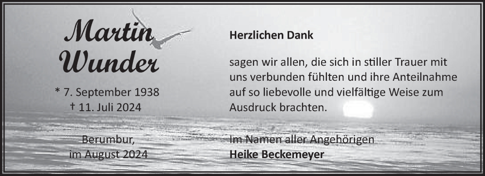  Traueranzeige für Martin Wunder vom 24.08.2024 aus Ostfriesischer Kurier GmbH
