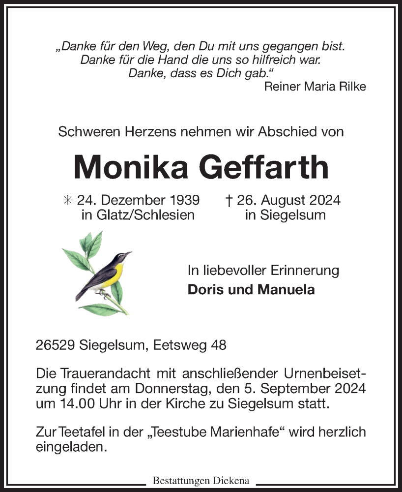  Traueranzeige für Monika Geffarth vom 31.08.2024 aus Ostfriesischer Kurier GmbH