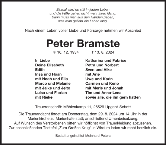 Traueranzeige von Peter Bramste von Ostfriesischer Kurier GmbH