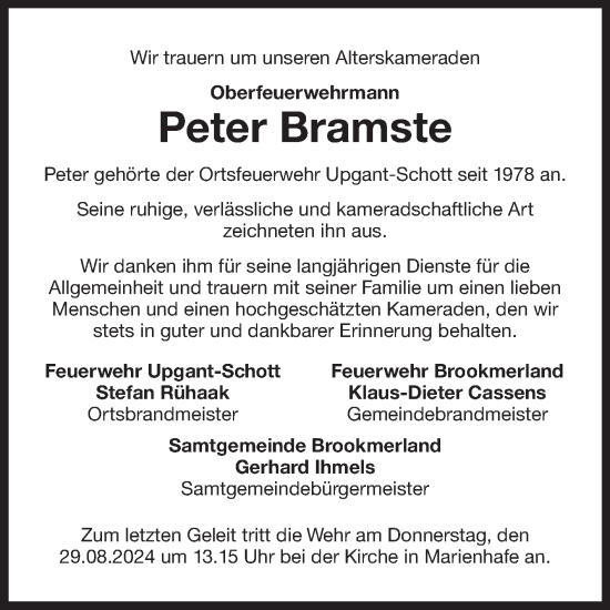Traueranzeige von Peter Bramste von Ostfriesischer Kurier GmbH