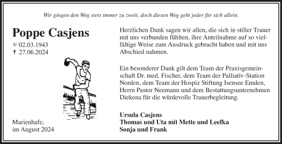 Traueranzeige von Poppe Casjens von Ostfriesischer Kurier GmbH