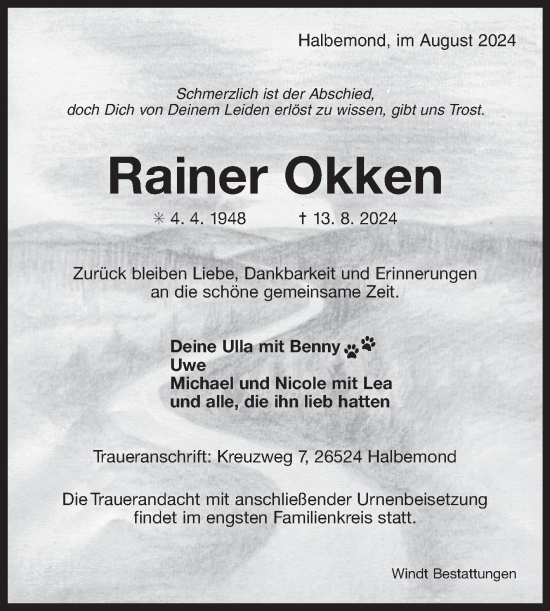 Traueranzeige von Rainer Okken von Ostfriesischer Kurier GmbH