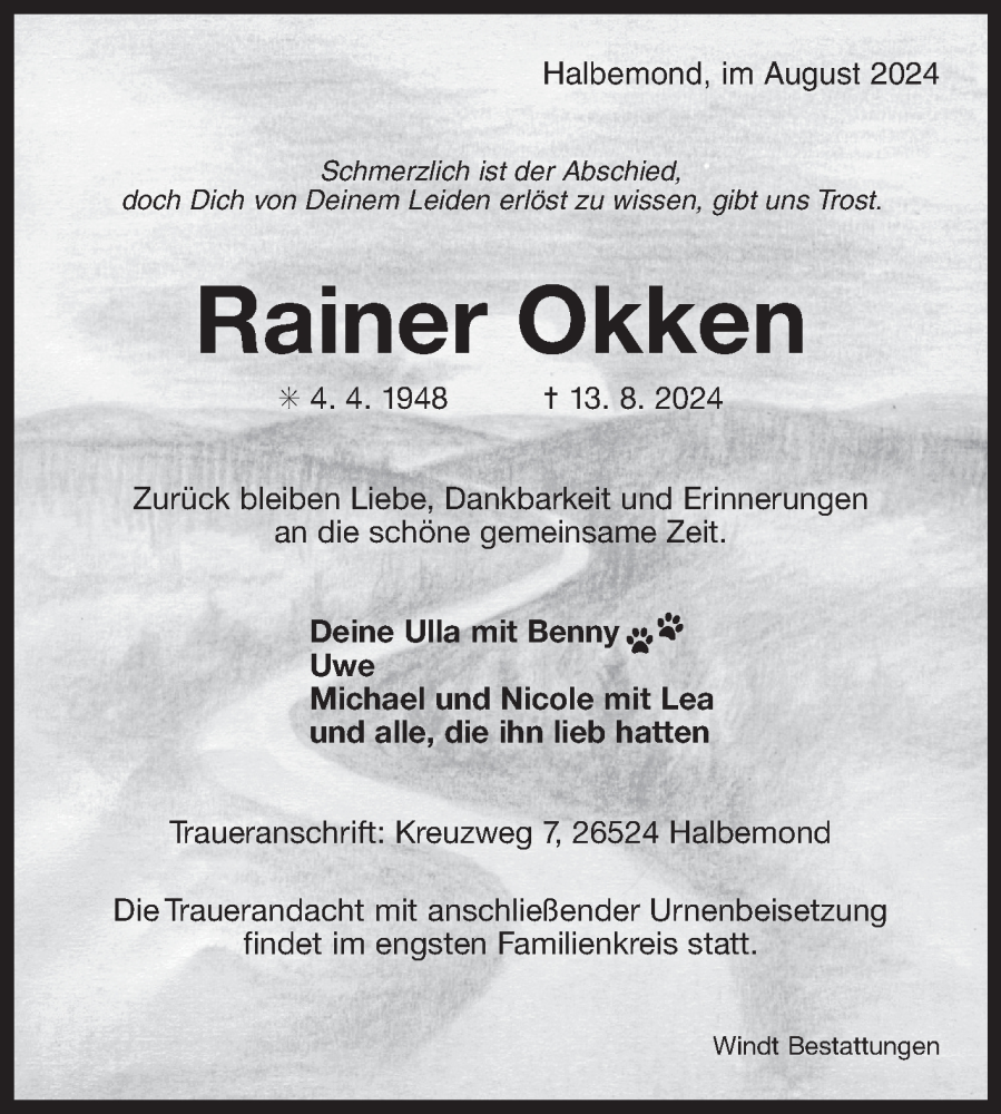 Traueranzeige für Rainer Okken vom 14.08.2024 aus Ostfriesischer Kurier GmbH