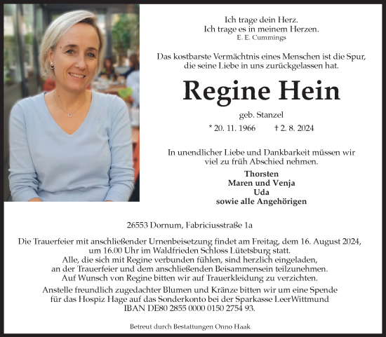 Traueranzeige von Regine Hein von Ostfriesischer Kurier GmbH
