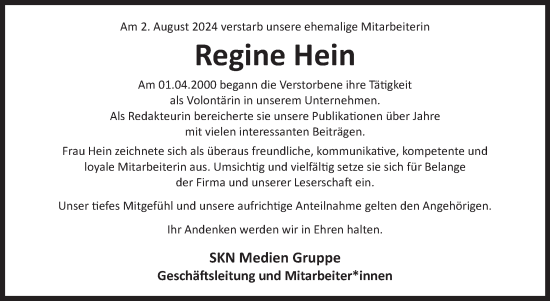 Traueranzeige von Regine Hein von Ostfriesischer Kurier GmbH