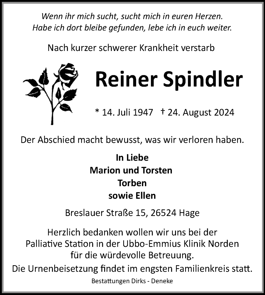  Traueranzeige für Reiner Spindler vom 31.08.2024 aus Ostfriesischer Kurier GmbH