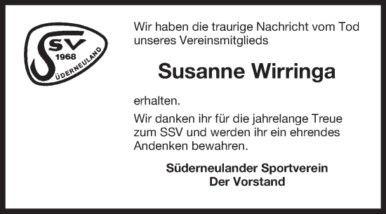 Traueranzeige von Susanne Wirringa von Ostfriesischer Kurier GmbH