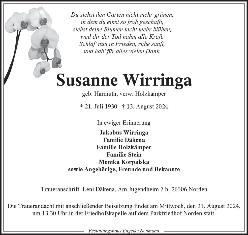  Traueranzeige für Susanne Wirringa vom 16.08.2024 aus Ostfriesischer Kurier GmbH
