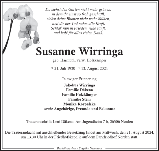 Traueranzeige von Susanne Wirringa von Ostfriesischer Kurier GmbH