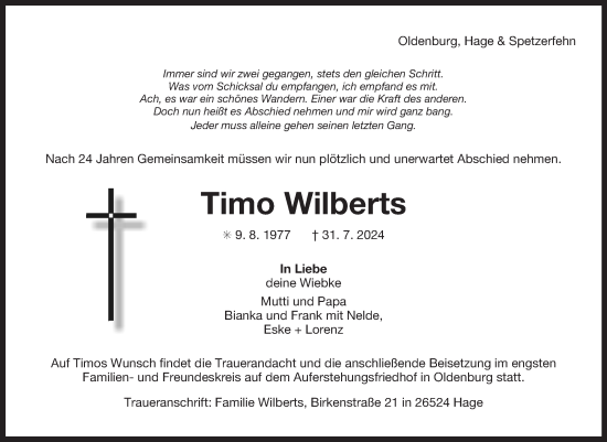 Traueranzeige von Timo Wilberts von Ostfriesischer Kurier GmbH