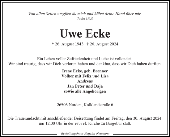 Traueranzeige von Uwe Ecke von Ostfriesischer Kurier GmbH