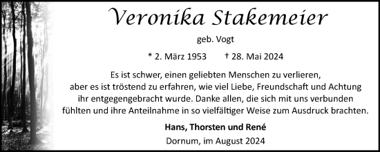 Traueranzeige von Veronika Stakemeier von Ostfriesischer Kurier GmbH