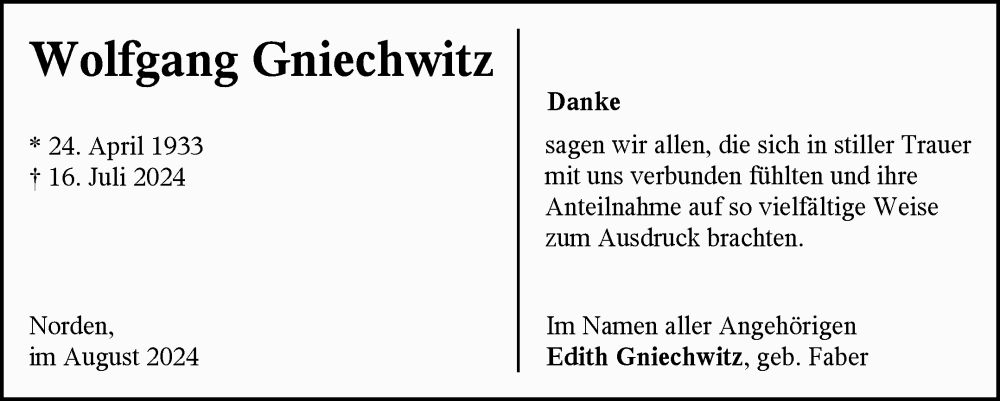 Traueranzeige für Wolfgang Gniechwitz vom 24.08.2024 aus Ostfriesischer Kurier GmbH