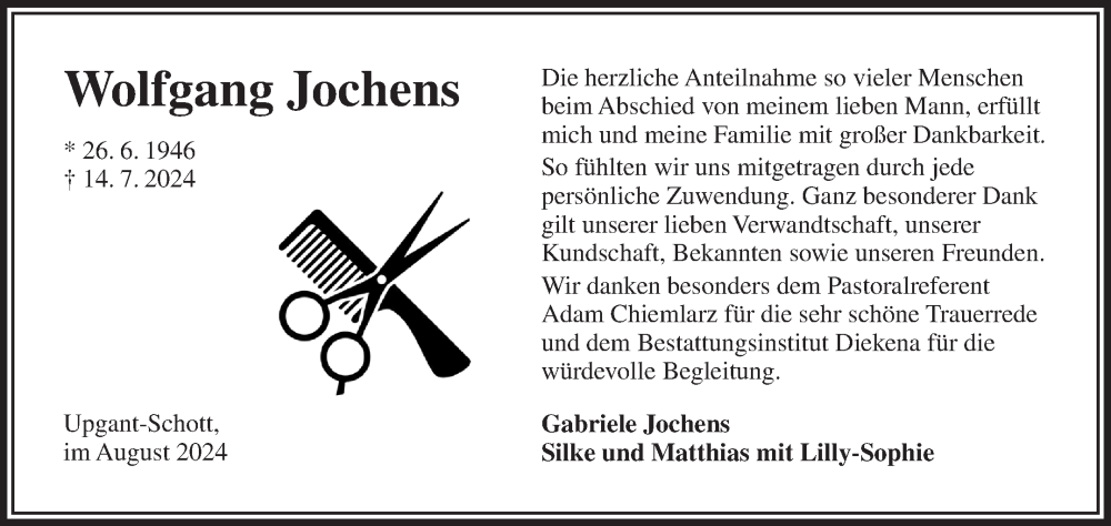  Traueranzeige für Wolfgang Jochens vom 24.08.2024 aus Ostfriesischer Kurier GmbH
