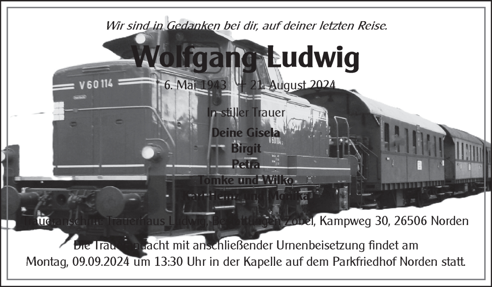  Traueranzeige für Wolfgang Ludwig vom 24.08.2024 aus Ostfriesischer Kurier GmbH