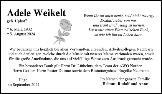 Traueranzeige von Adele Weikelt von Ostfriesischer Kurier GmbH