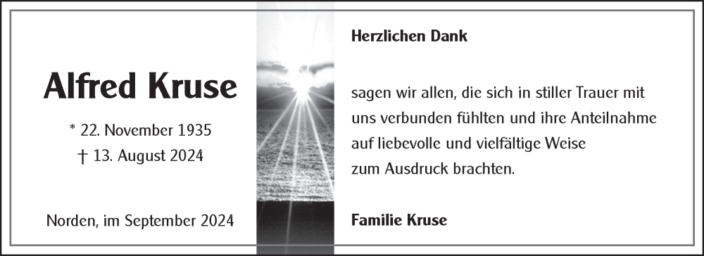  Traueranzeige für Alfred Kruse vom 21.09.2024 aus Ostfriesischer Kurier GmbH