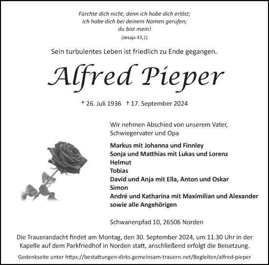 Traueranzeige von Alfred Pieper von Ostfriesischer Kurier GmbH