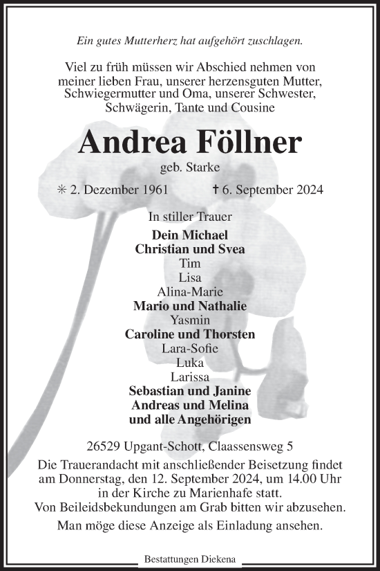 Traueranzeige von Andrea Föllner von Ostfriesischer Kurier GmbH