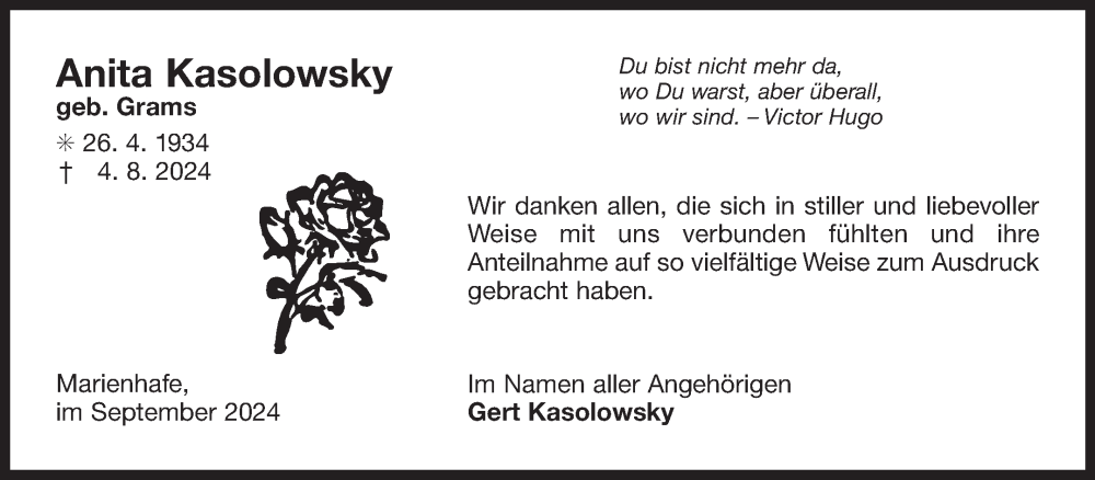  Traueranzeige für Anita Kasolowsky vom 07.09.2024 aus Ostfriesischer Kurier GmbH