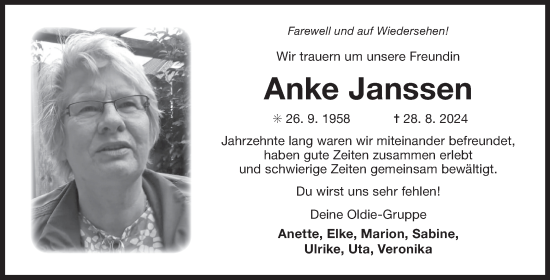 Traueranzeige von Anke Janssen von Ostfriesischer Kurier GmbH