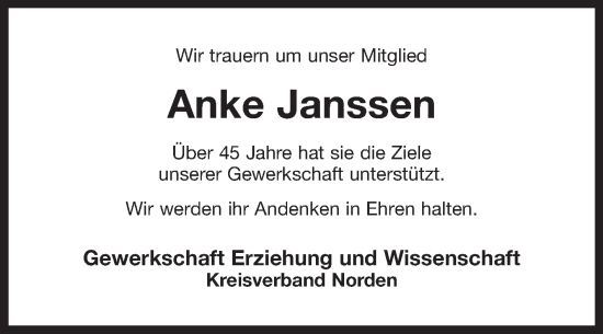 Traueranzeige von Anke Janssen von Ostfriesischer Kurier GmbH