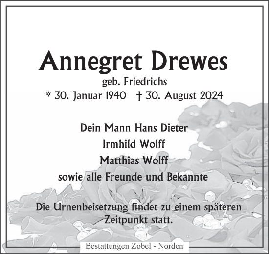 Traueranzeige von Annegret Drewes von Ostfriesischer Kurier GmbH