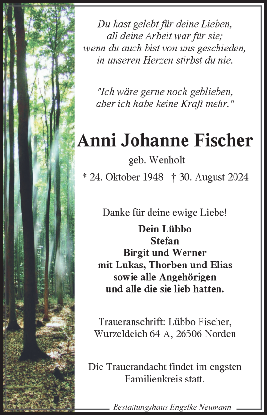 Traueranzeige von Anni Johanne Fischer von Ostfriesischer Kurier GmbH