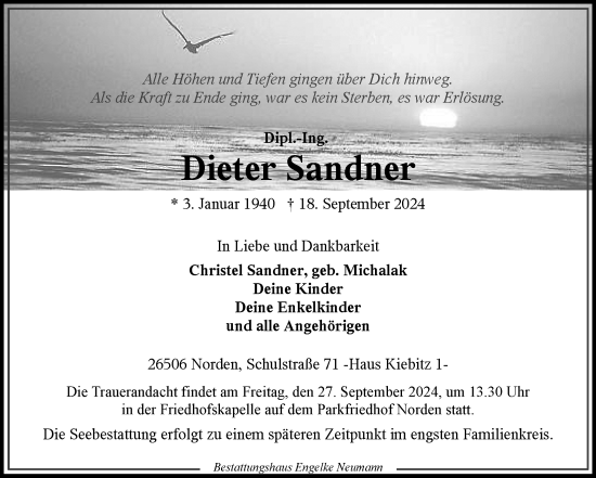 Traueranzeige von Dieter Sandner von Ostfriesischer Kurier GmbH