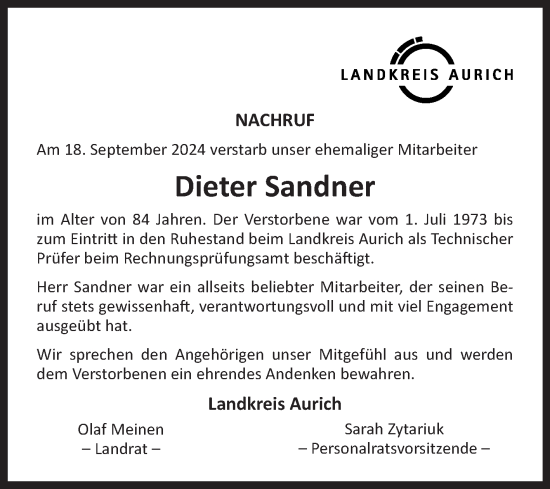 Traueranzeige von Dieter Sandner von Ostfriesischer Kurier GmbH
