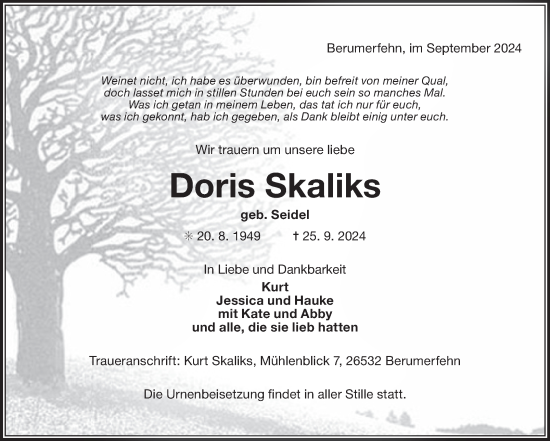Traueranzeige von Doris Skaliks von Ostfriesischer Kurier GmbH
