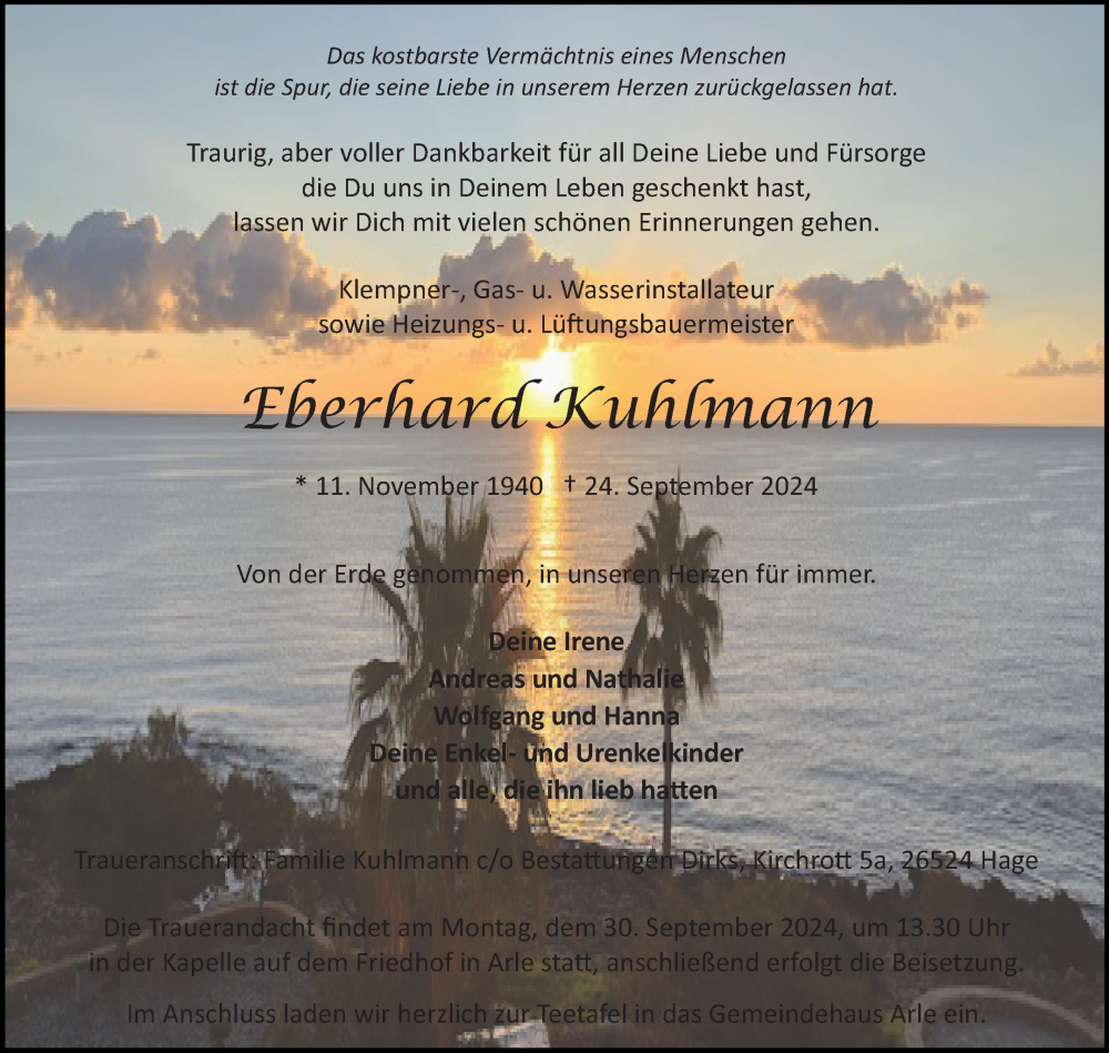  Traueranzeige für Eberhard Kuhlmann vom 25.09.2024 aus Ostfriesischer Kurier GmbH