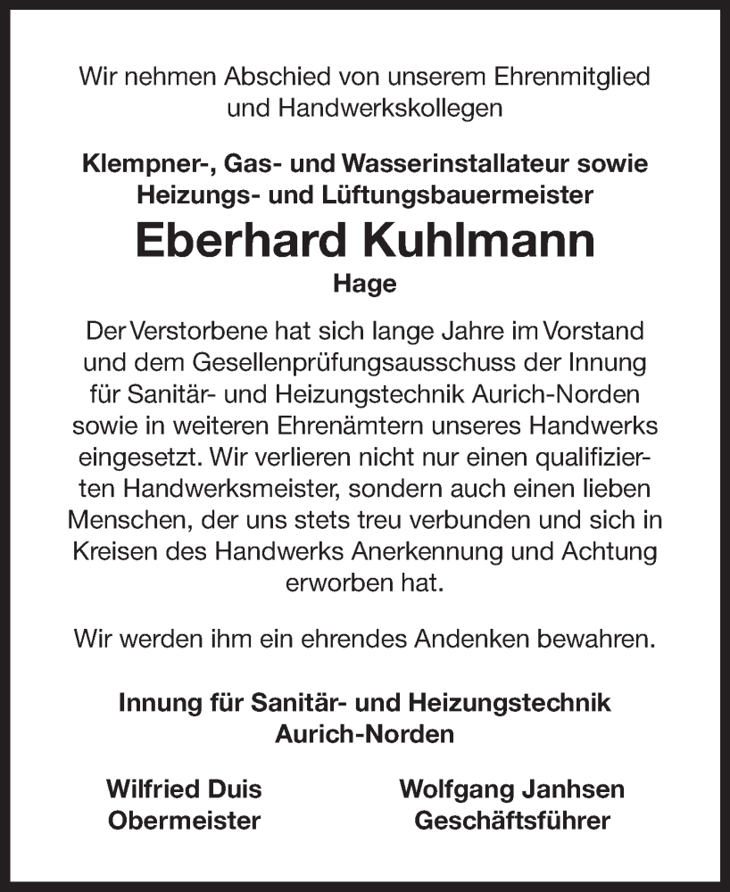  Traueranzeige für Eberhard Kuhlmann vom 26.09.2024 aus Ostfriesischer Kurier GmbH