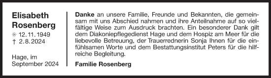 Traueranzeige von Elisabeth Rosenberg von Ostfriesischer Kurier GmbH