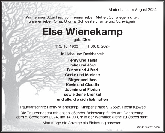 Traueranzeige von Else Wienekamp von Ostfriesischer Kurier GmbH