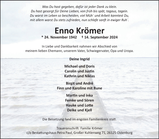 Traueranzeige von Enno Krämer von Ostfriesischer Kurier GmbH