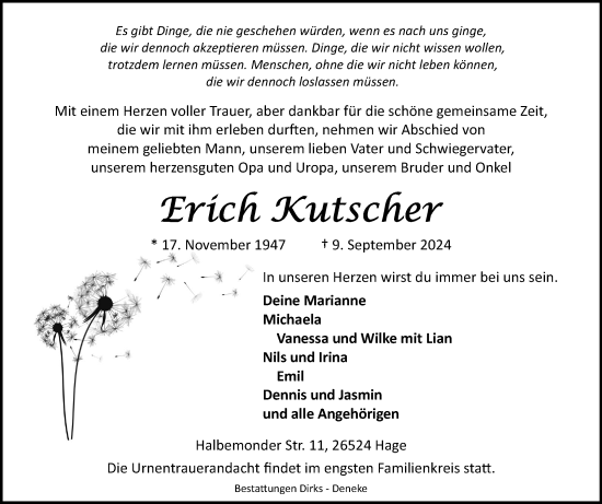 Traueranzeige von Erich Kutscher von Ostfriesischer Kurier GmbH