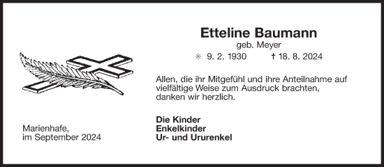Traueranzeige von Etteline Baumann von Ostfriesischer Kurier GmbH