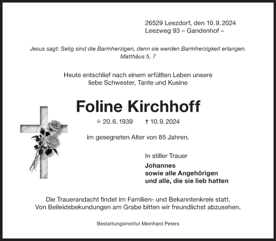 Traueranzeige von Foline Kirchhoff von Ostfriesischer Kurier GmbH