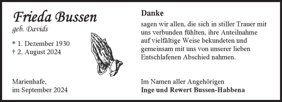 Traueranzeige von Frieda Bussen von Ostfriesischer Kurier GmbH