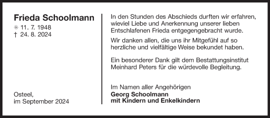 Traueranzeige von Frieda Schoolmann von Ostfriesischer Kurier GmbH