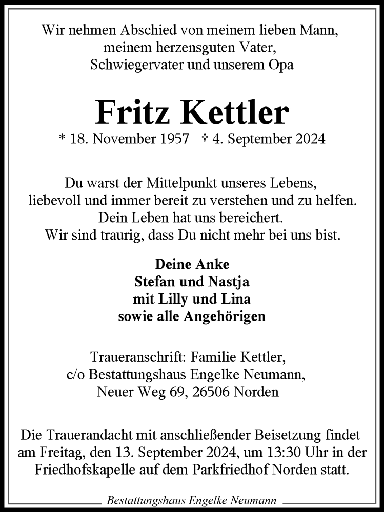  Traueranzeige für Fritz Kettler vom 10.09.2024 aus Ostfriesischer Kurier GmbH
