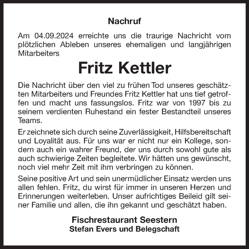  Traueranzeige für Fritz Kettler vom 14.09.2024 aus Ostfriesischer Kurier GmbH