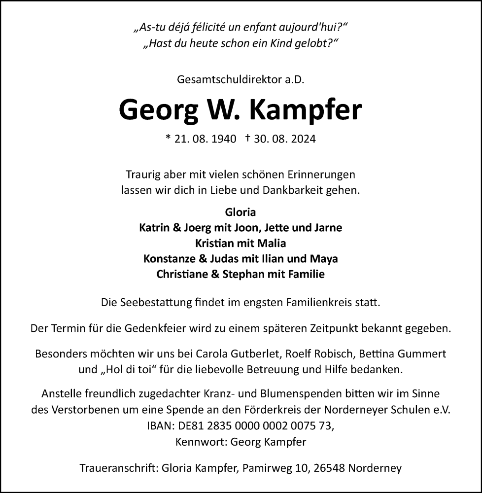  Traueranzeige für Georg W. Kampfer vom 04.09.2024 aus Ostfriesischer Kurier GmbH