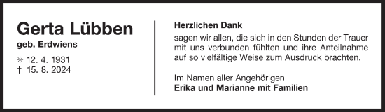 Traueranzeige von Gerta Lübben von Ostfriesischer Kurier GmbH