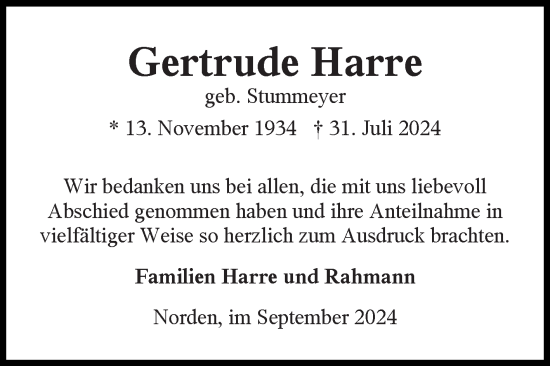 Traueranzeige von Gertrude Harre von Ostfriesischer Kurier GmbH