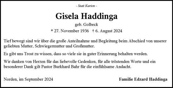 Traueranzeige von Gisela Haddinga von Ostfriesischer Kurier GmbH