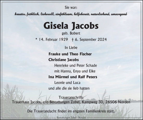 Traueranzeige von Gisela Jacobs von Ostfriesischer Kurier GmbH