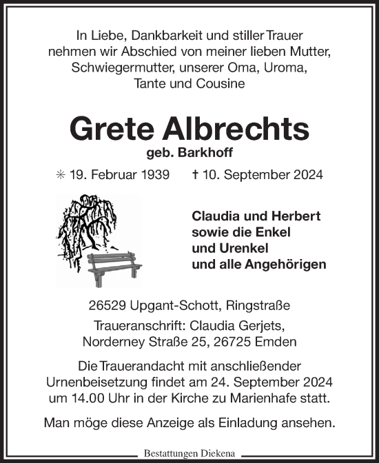 Traueranzeige von Grete Albrechts von Ostfriesischer Kurier GmbH